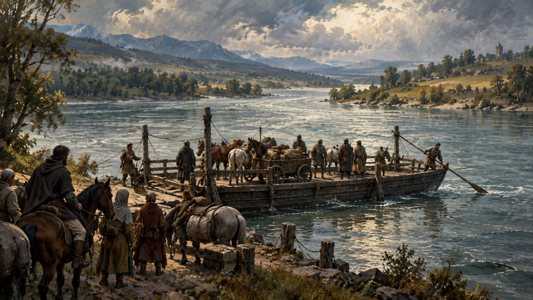 Travellers, pack animals, and a cart crossing the broad Anduin aboard a practical wooden ferry
