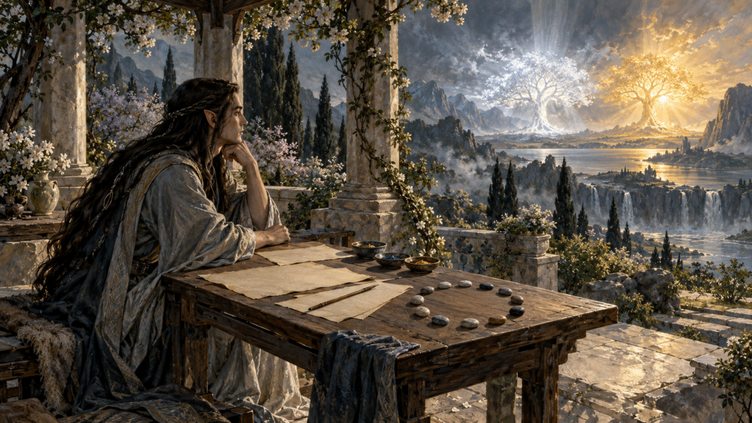 An ancient Elven scribe studying blank parchment and arranging twelve unmarked stones in a peaceful garden illuminated by the Two Trees.