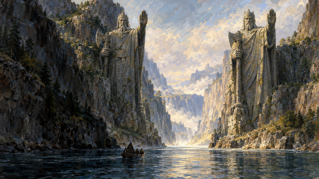 Aragorn crosses the ancient threshold of the Argonath as the stone kings embody Gondor's inherited royal memory.