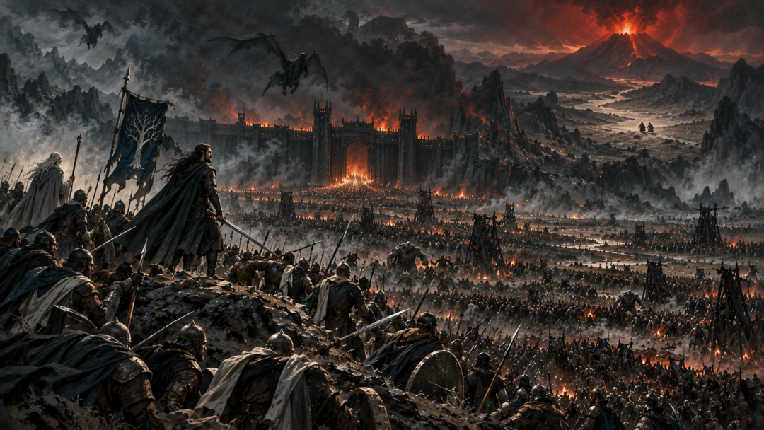Aragorn's surrounded army holds the slag-hills at the Black Gate while Frodo and Sam continue their hidden journey toward Mount Doom.