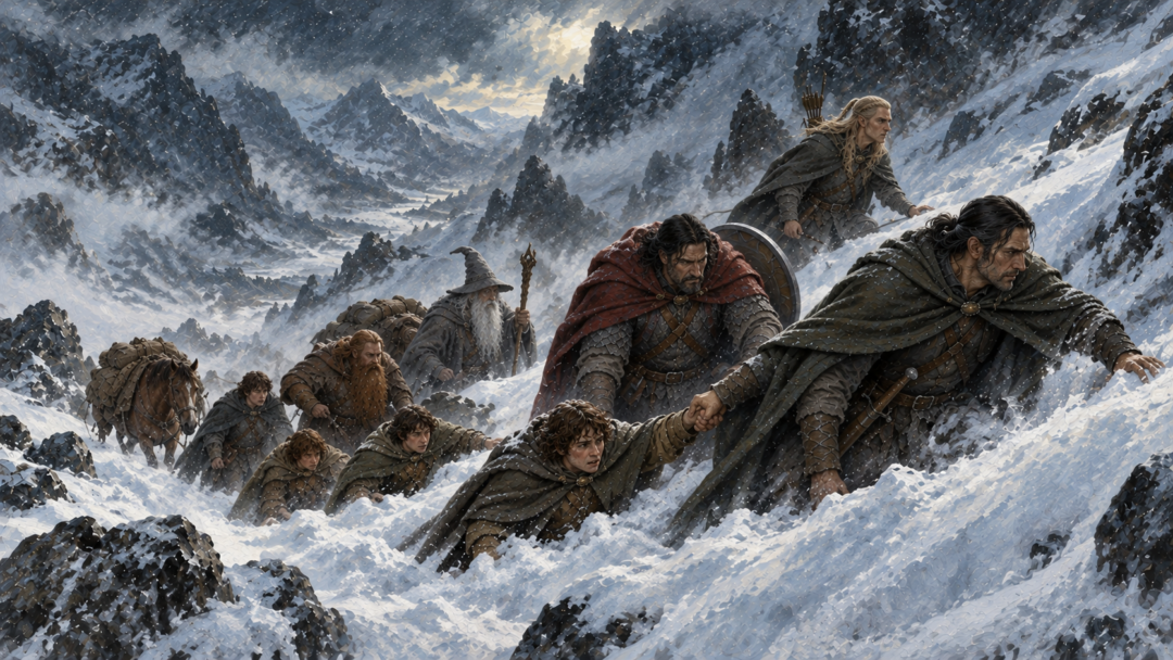 Aragorn and Boromir break a path through deep snow on Caradhras as the Hobbits and other companions retreat.