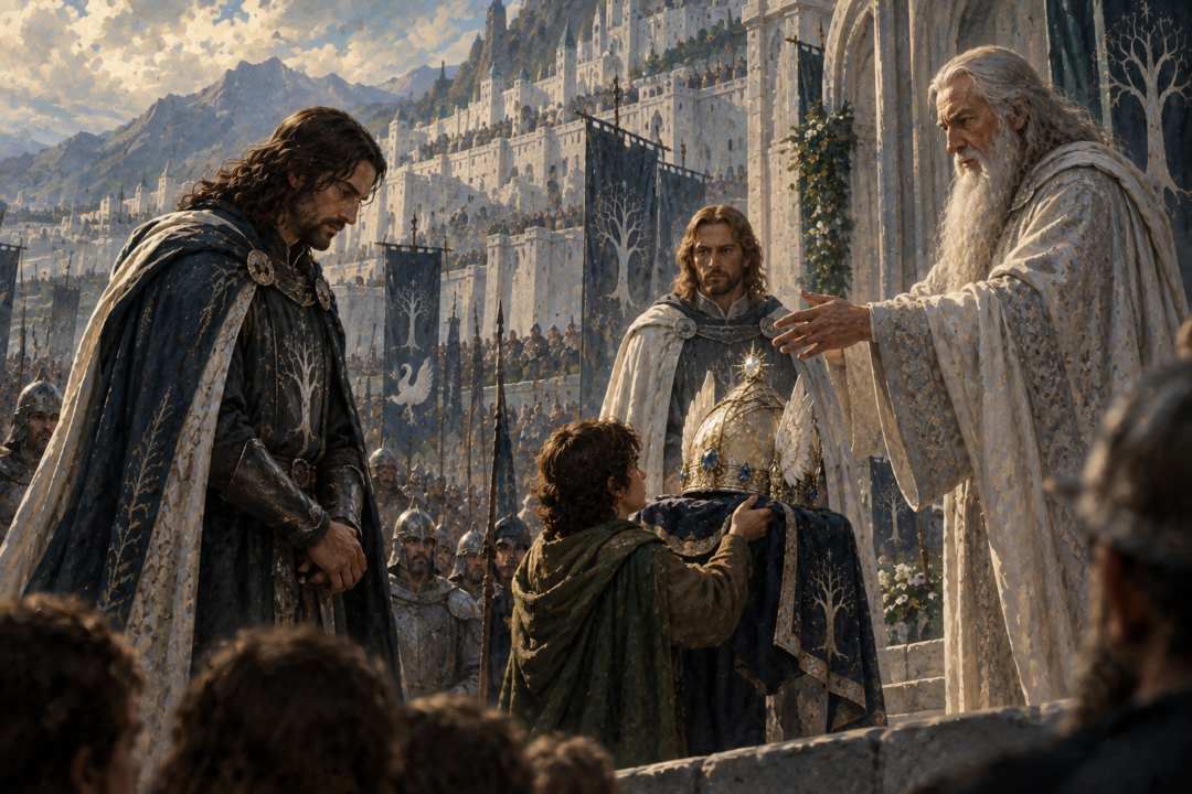 Frodo bearing the Crown of Gondor to Gandalf during the coronation of Aragorn before Minas Tirith.
