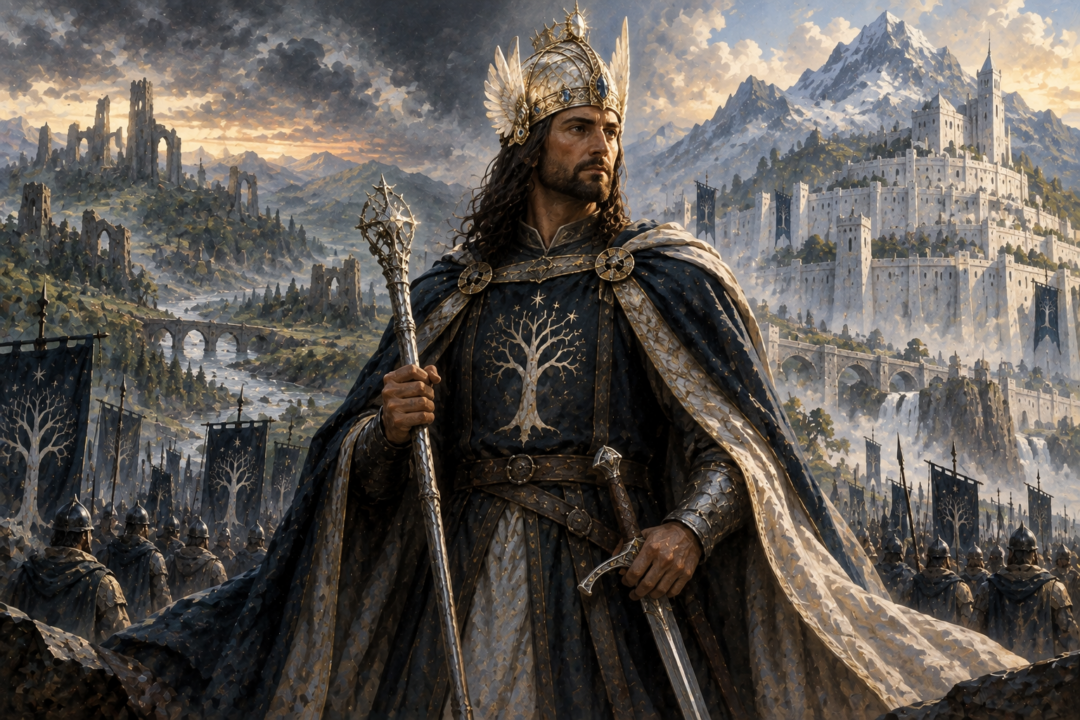 Aragorn with the Crown of Gondor and Sceptre of Annúminas symbolizing the reunited northern and southern kingdoms.