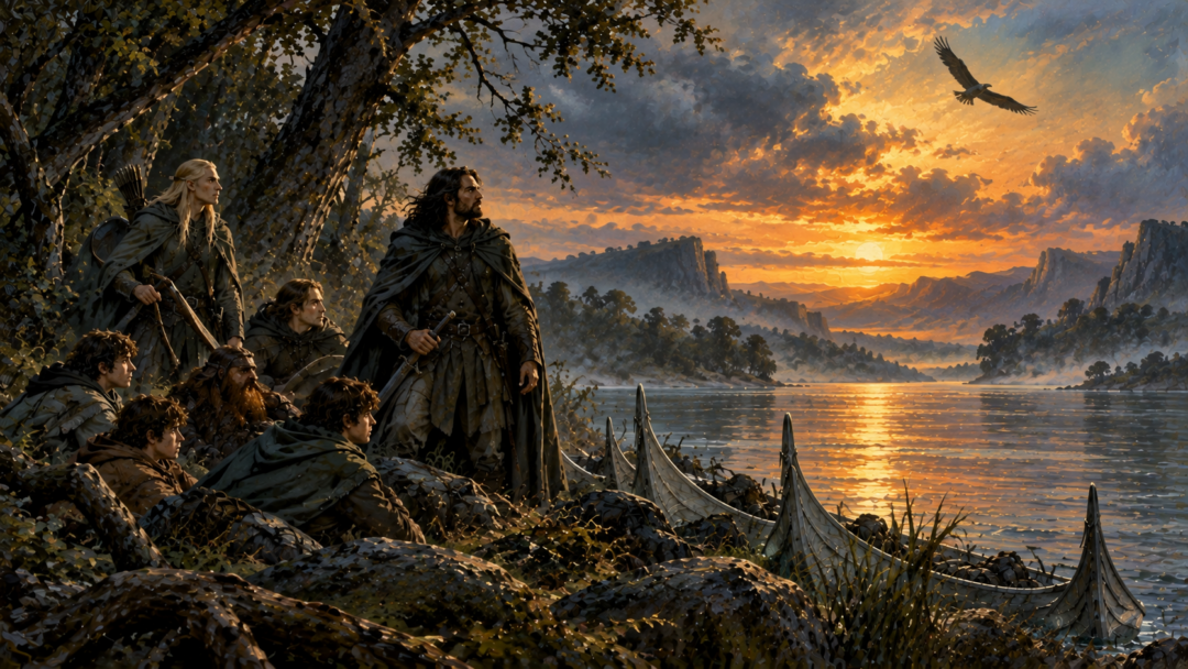 Aragorn and Legolas observe a distant eagle above the Anduin at sunset before the Fellowship resumes its journey.