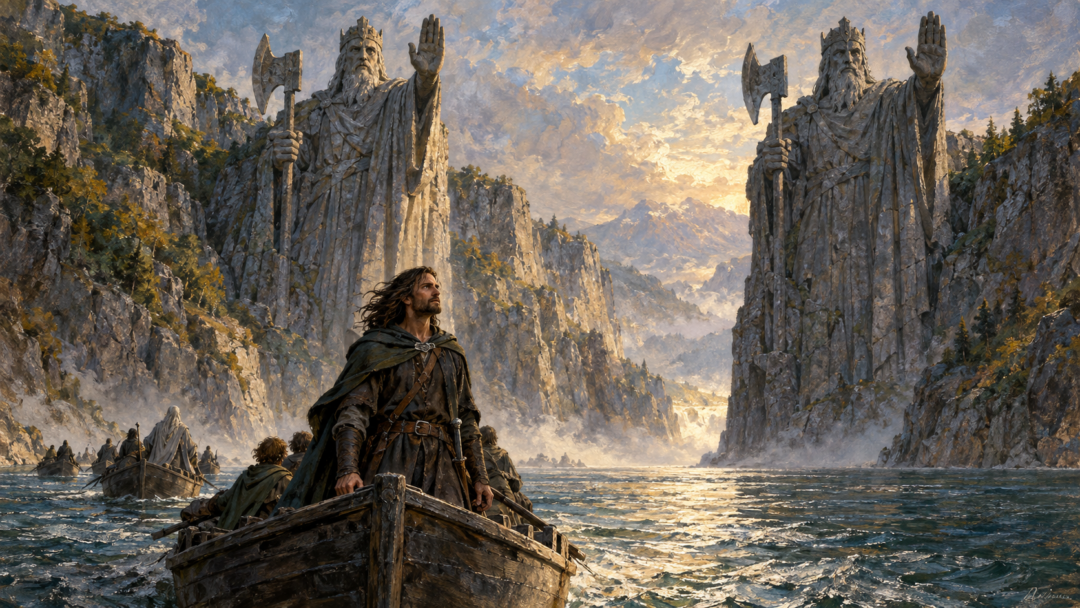 Aragorn passes between the Argonath on the Anduin before becoming King of Gondor.