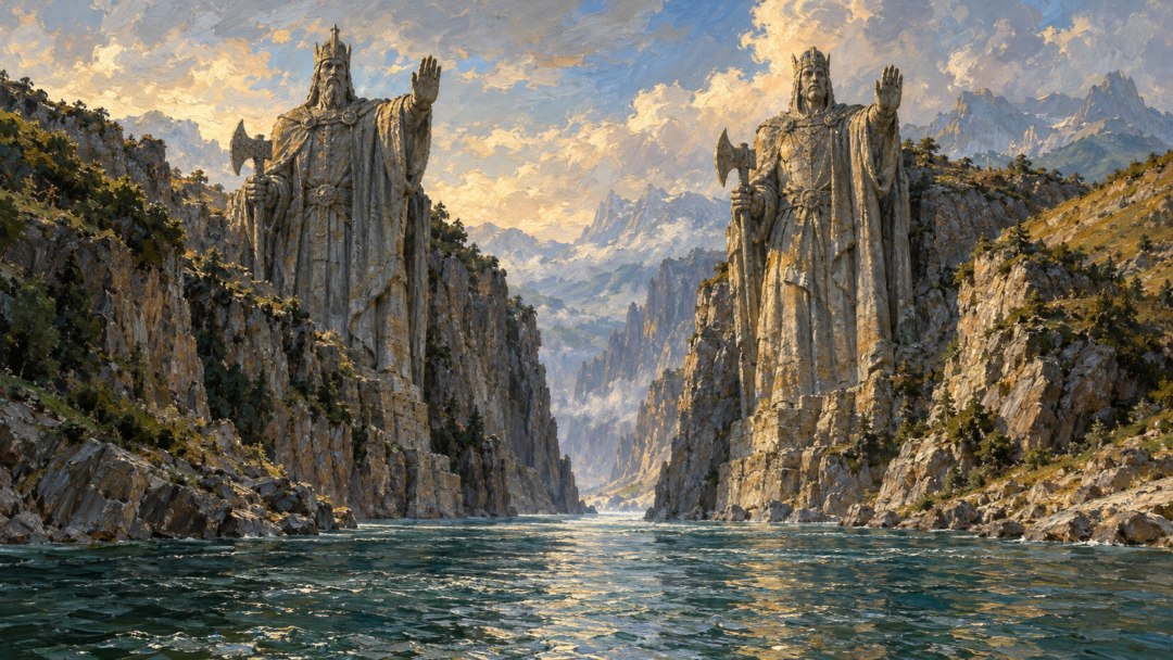 The Argonath stands as an ancient royal boundary on the northern approaches of Gondor.