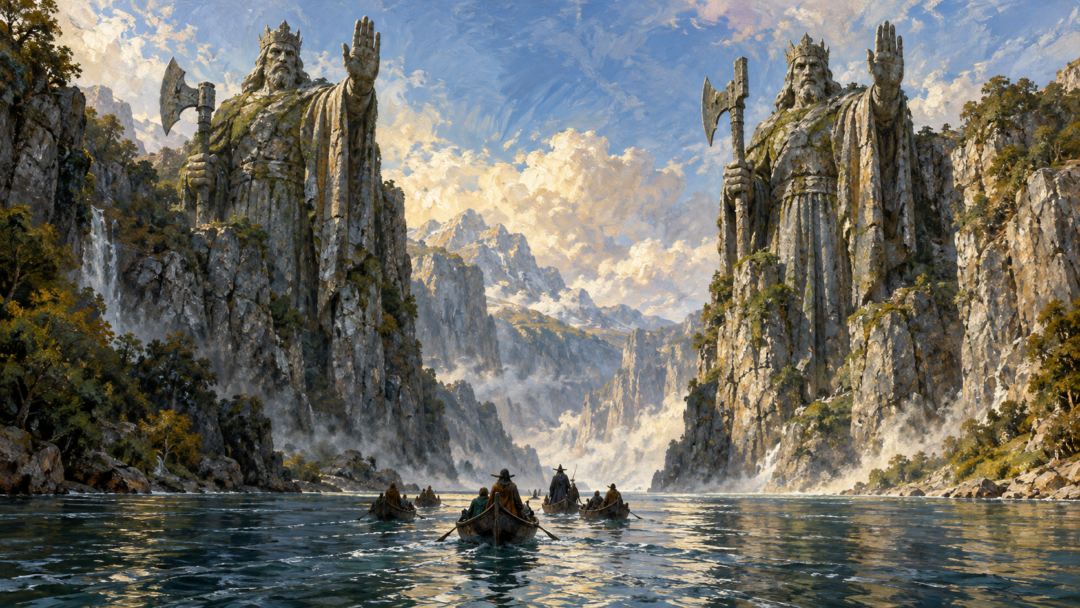 Small boats of the Fellowship pass beneath the weathered Argonath, contrasting Gondor's royal past with the late Third Age.