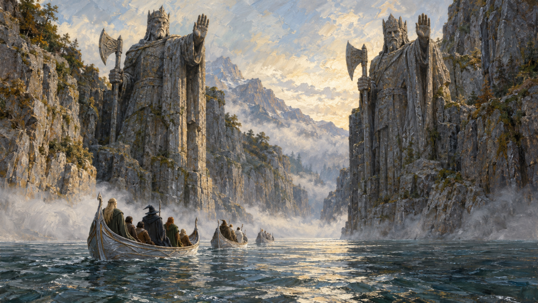 The Fellowship approaches the colossal Argonath statues of Isildur and Anárion while travelling south on the Anduin.