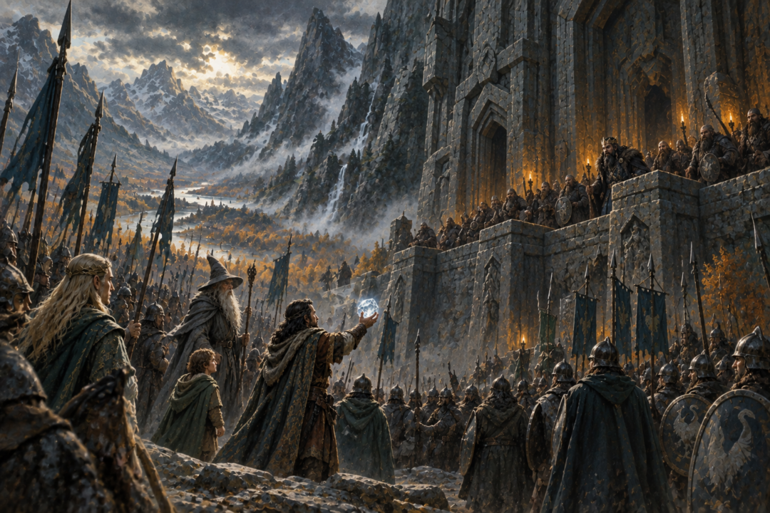 Dwarves, Lake-men, and Wood-elves face one another at the Lonely Mountain while Bard holds the Arkenstone.