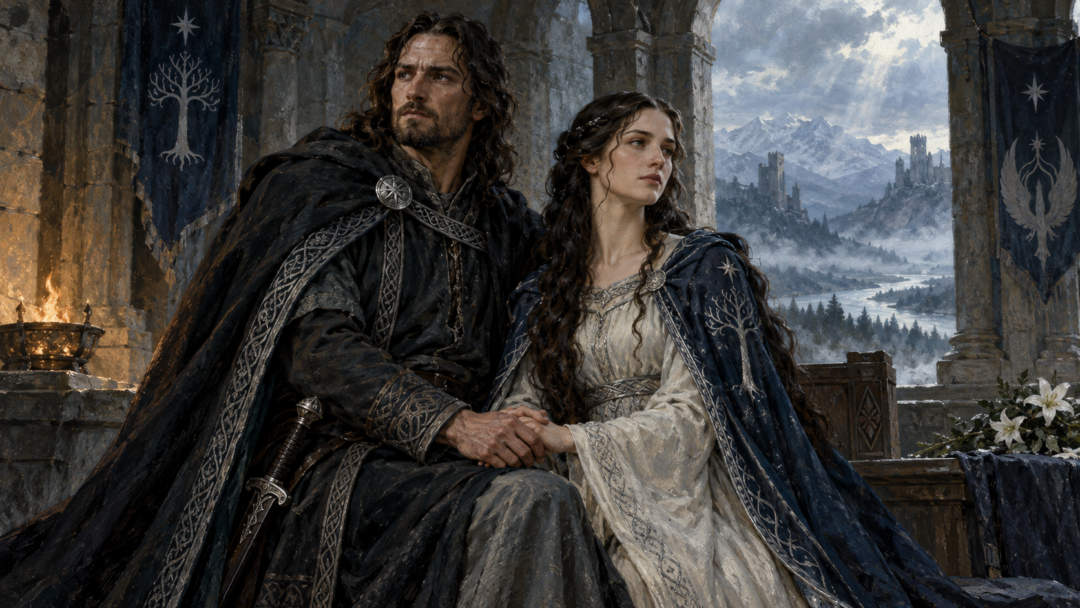 Prince Arvedui of Arthedain and Princess Fíriel of Gondor seated together in a northern Dúnedain hall, representing the marriage connecting their royal families.