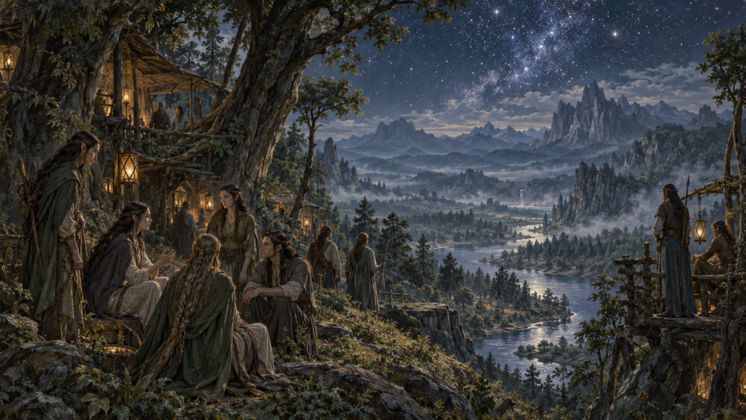 A community of Avari Elves gathers in an ancient eastern woodland, representing the Elves who retained their shared Quendi heritage.