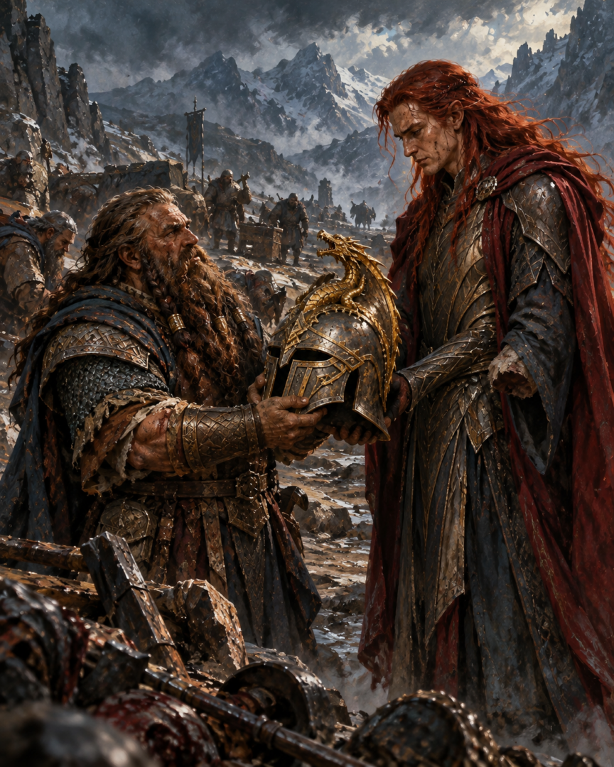 Azaghâl presents the Dragon-helm to Maedhros in gratitude after the Elven prince rescues him from Orcs on the Dwarf-road.