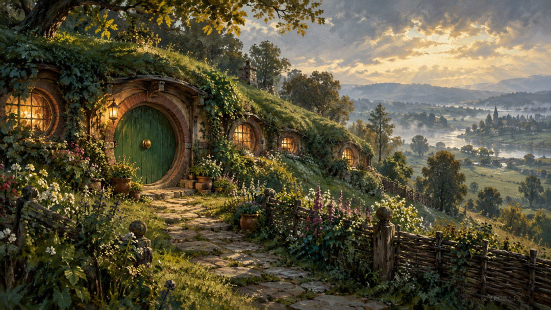 Bag End before Bilbo's adventure, with its green round door, hillside windows, garden, and views across Hobbiton.