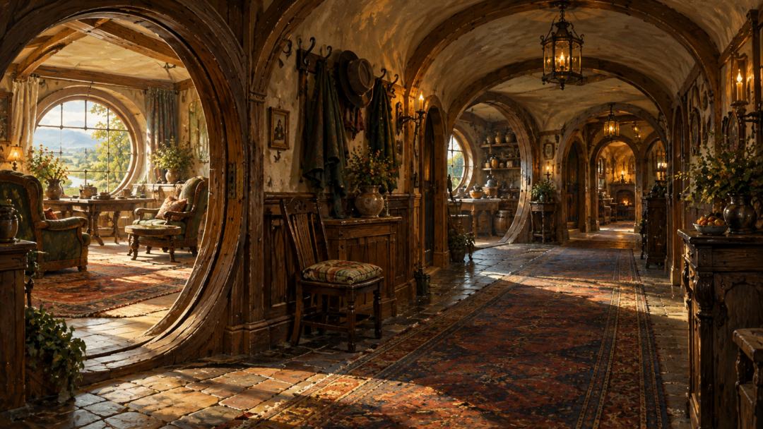 The comfortable interior of Bag End showing its panelled hallway, round doors, polished furniture, and garden-facing window.