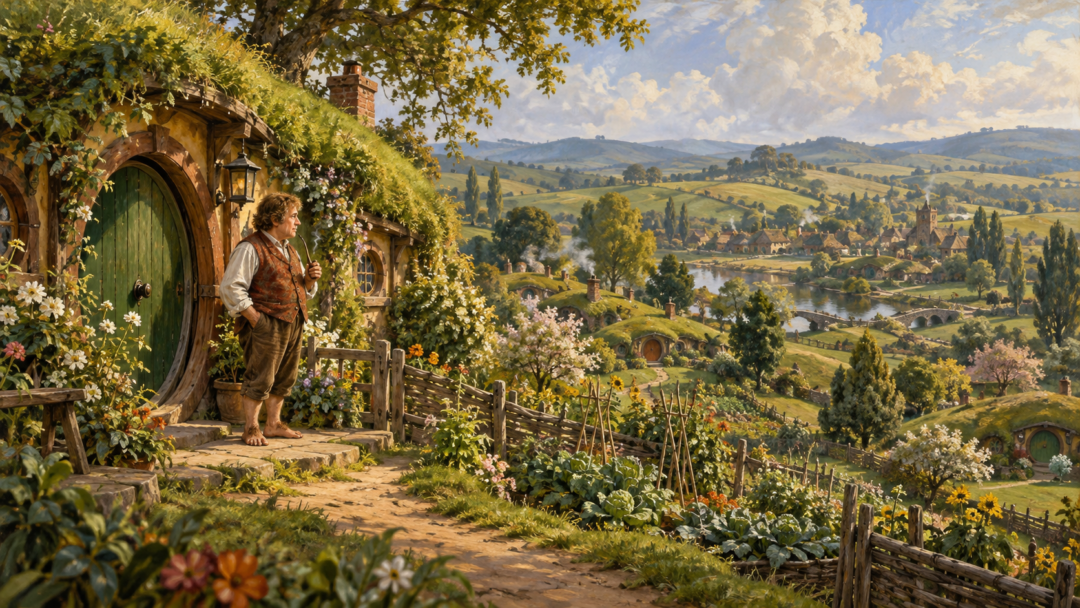 Bilbo Baggins standing outside Bag End among the gardens and hillside homes of Hobbiton, illustrating the Baggins family's connection to place and respectability.