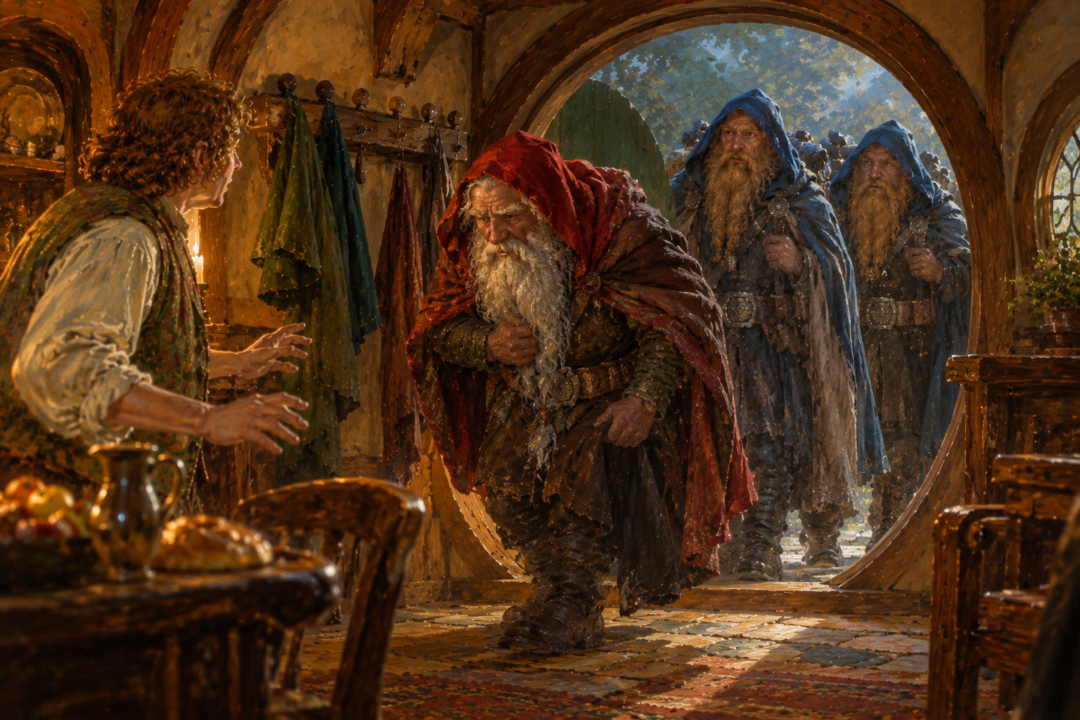 Balin in a scarlet hood arriving as Fíli and Kíli approach Bag End together in blue hoods.