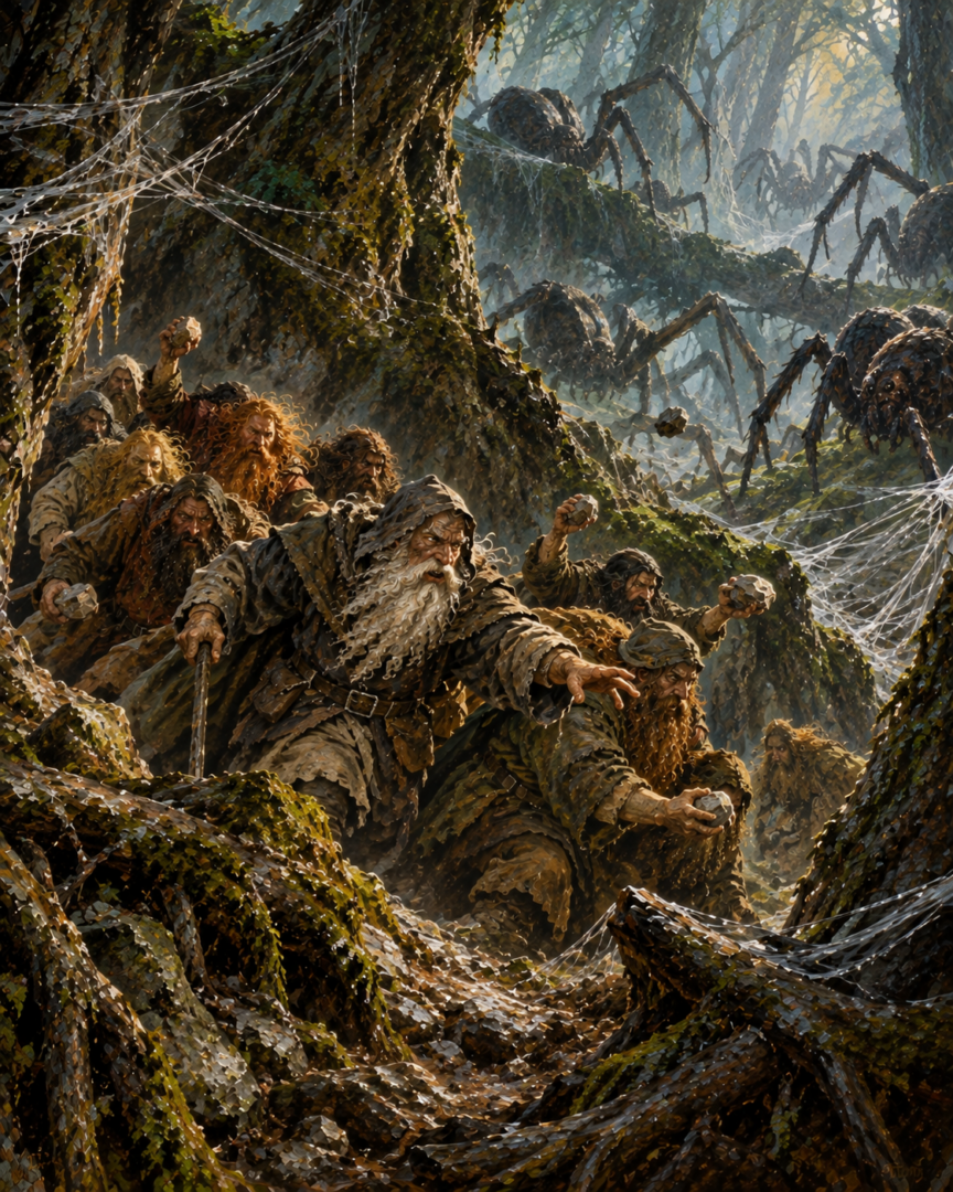 Balin leads the weakened Dwarves through an opening in the spiders' encirclement while Bilbo distracts their attackers.