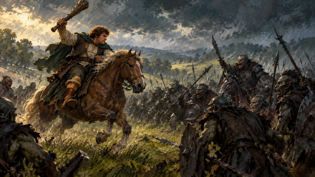 Bandobras Bullroarer Took rides a horse and carries a wooden club as he confronts Golfimbul's Orcs at Greenfields.