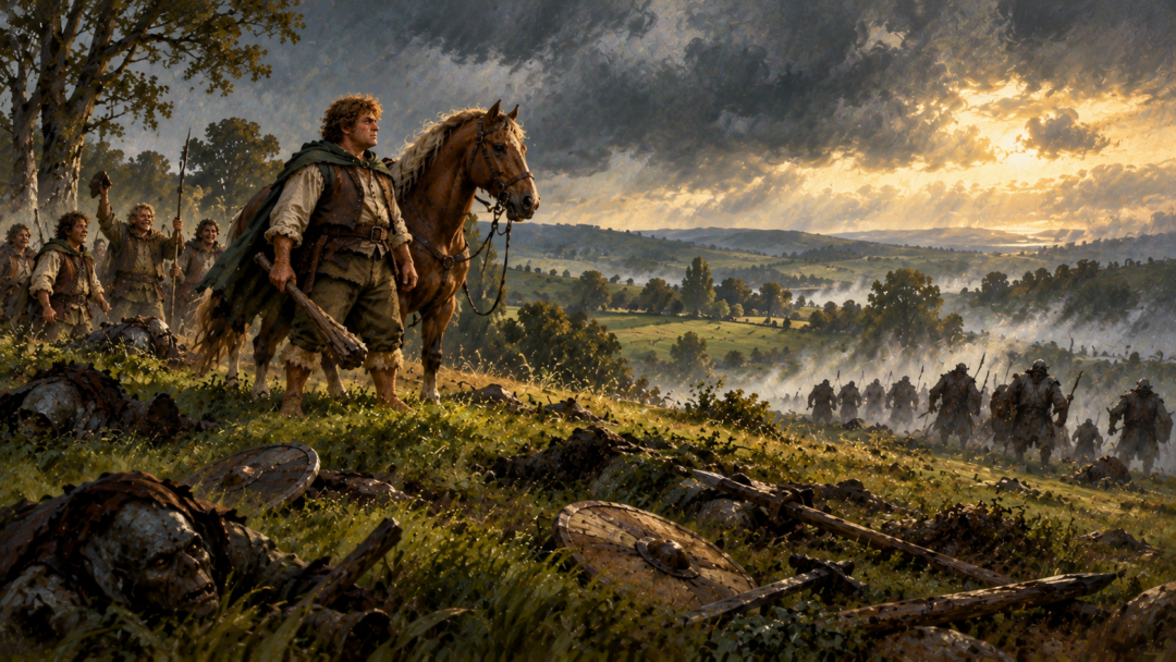 Bandobras Took stands beside his horse after the Battle of Greenfields while defeated Orcs retreat across the Northfarthing.