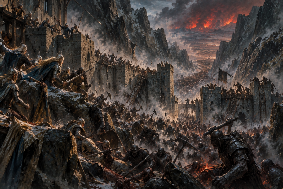 Noldorin defenders battling the forces of Morgoth as they force the Pass of Aglon during the Dagor Bragollach.