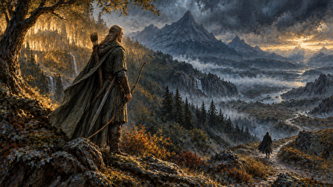 Beleg Strongbow surveys the distant wilderness while searching for Túrin after Thingol grants his foster-son a pardon.