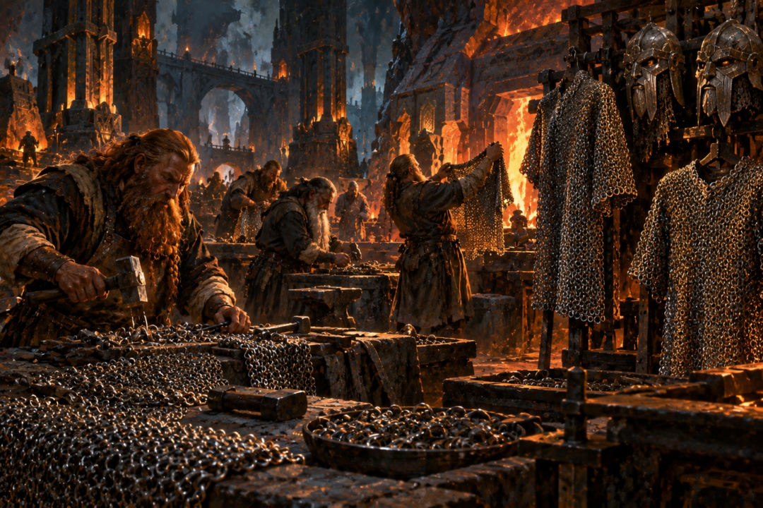Dwarven smiths of Belegost forge linked-ring mail beside protective Dwarf-masks in an ancient underground workshop.