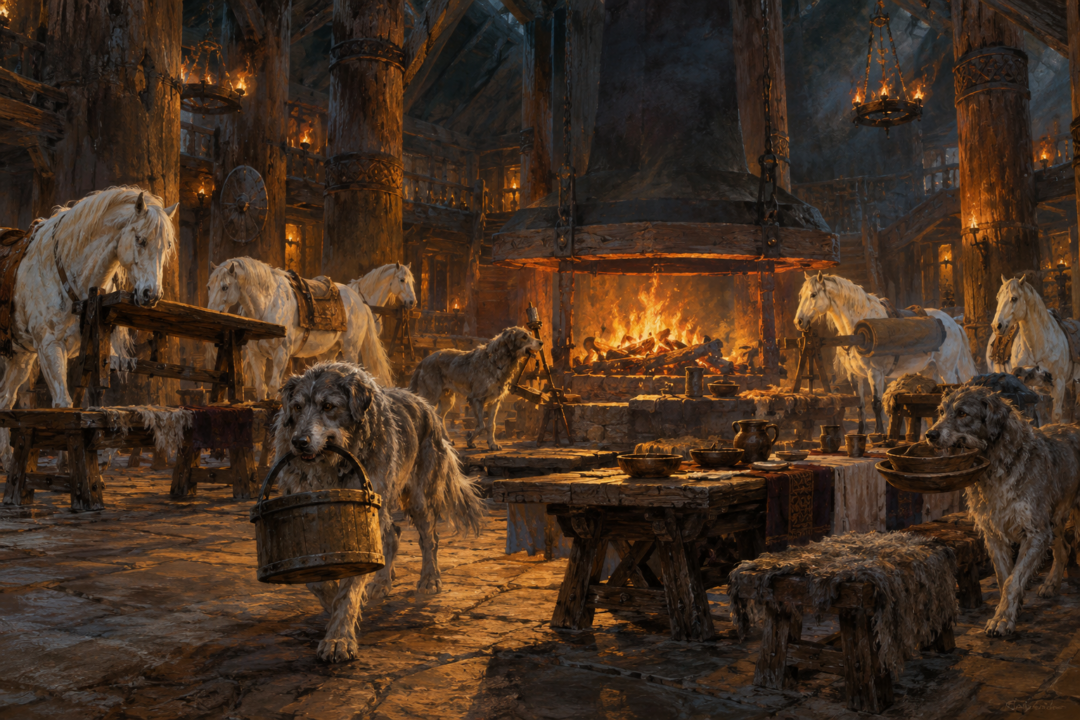 White ponies and grey dogs preparing Beorn’s timber hall for supper around the central hearth.