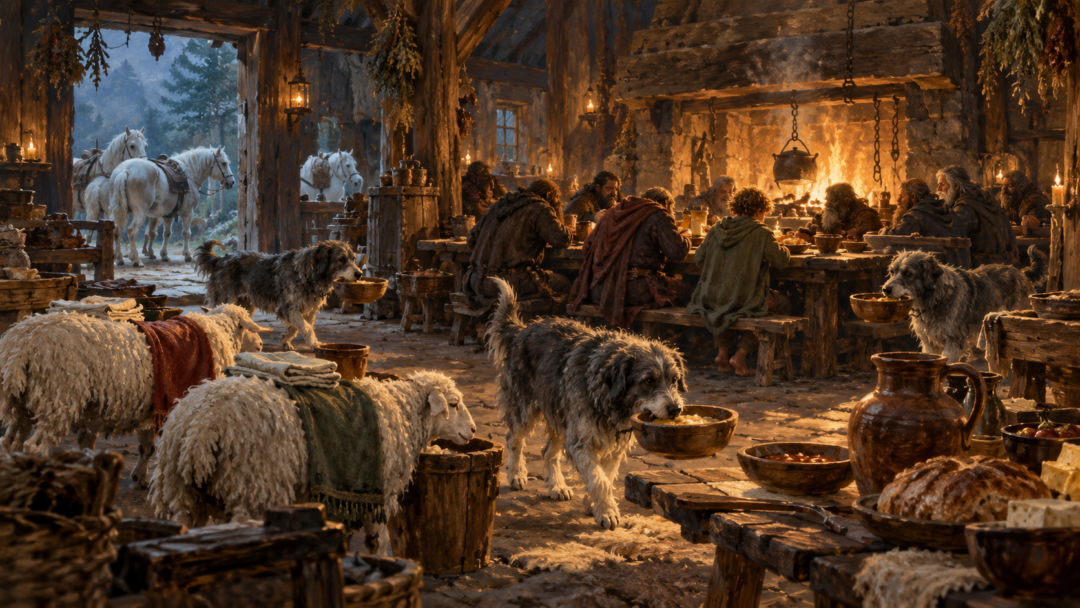 Beorn’s animals serving Bilbo and the dwarves an evening meal while their host is away.