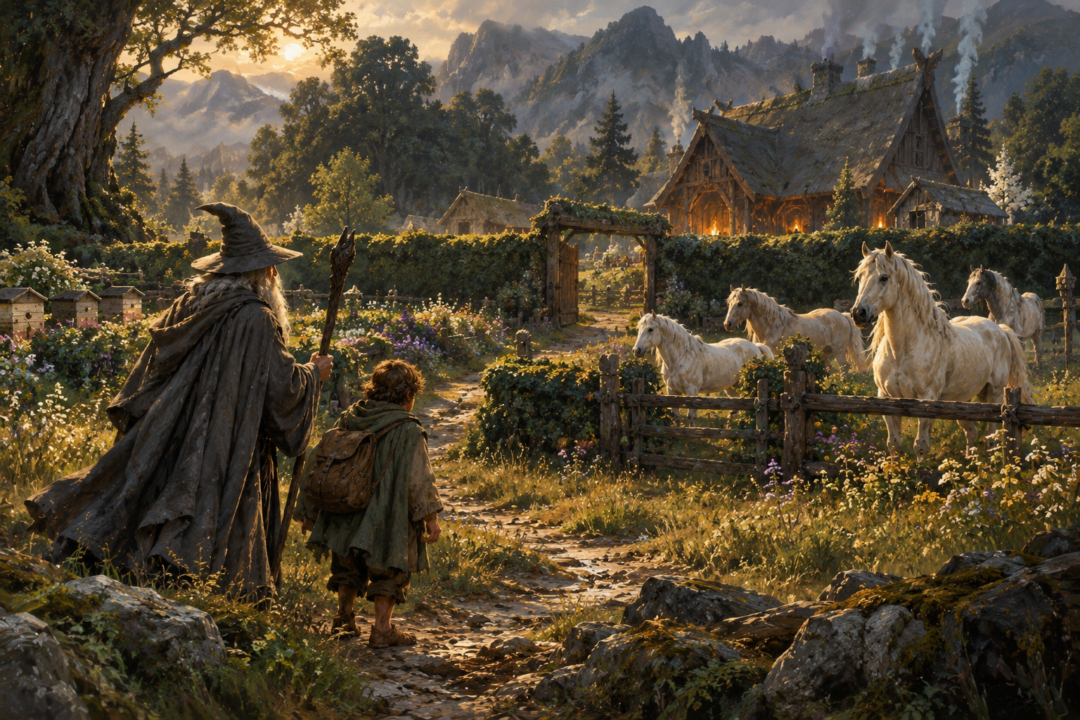 Horses watching Gandalf and Bilbo approach Beorn’s isolated homestead across the grass.
