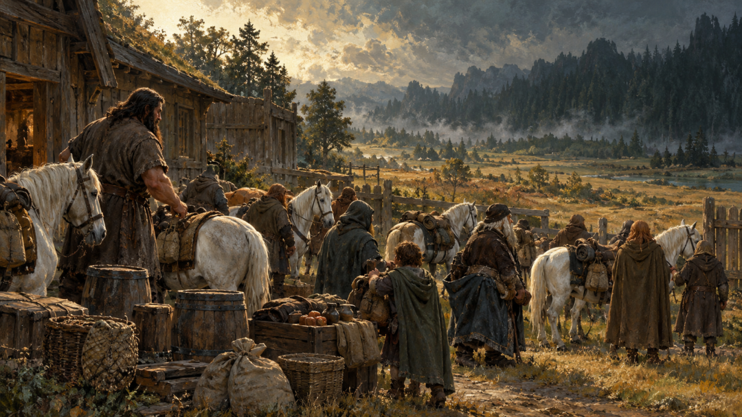 Beorn preparing ponies and provisions for the travelers’ journey toward Mirkwood.