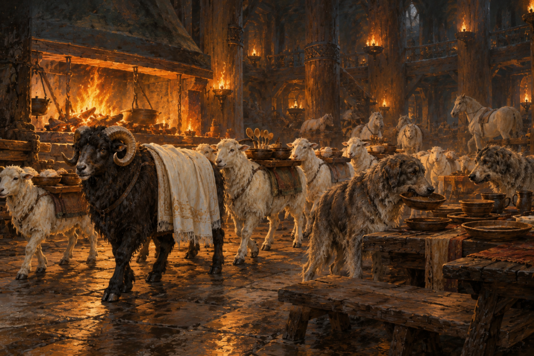 White sheep carrying tableware while grey dogs prepare the low tables in Beorn’s hall.