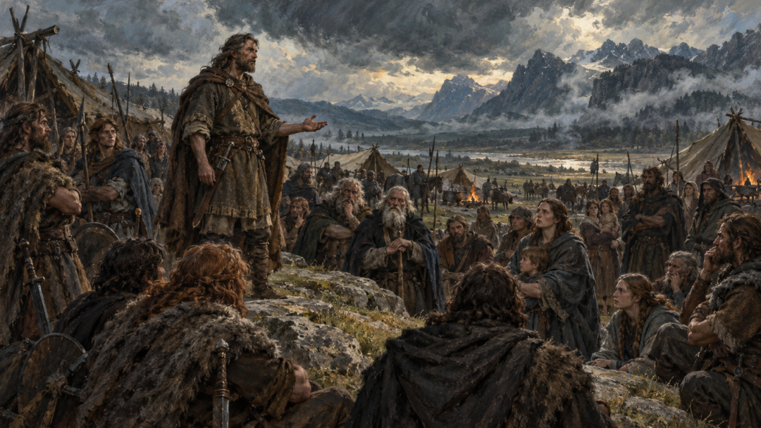 Bereg addresses an assembly of mortal Men at Estolad as they debate involvement in the wars of the Elves.