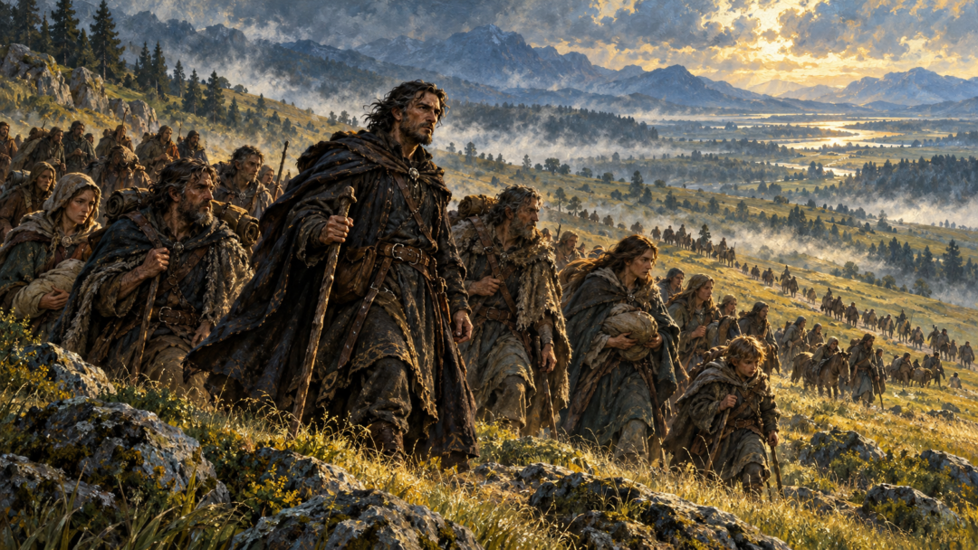 Bereg leads a long procession of the people of Bëor southward across the grasslands after leaving Estolad.