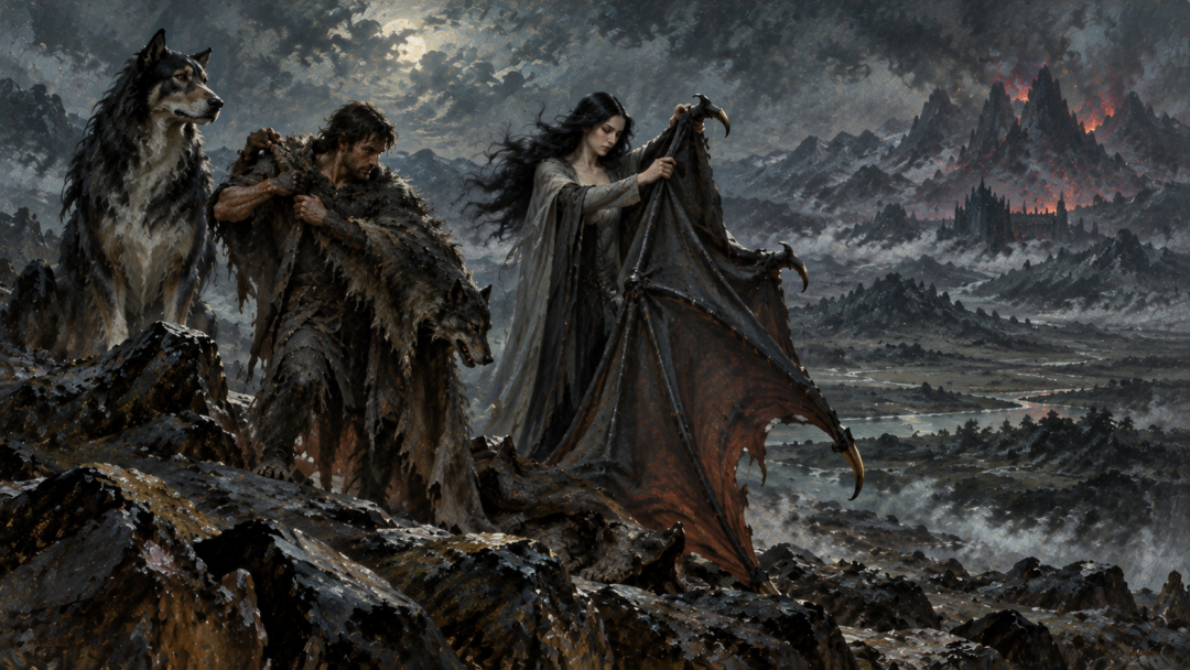 Beren and Lúthien prepare the disguises of Draugluin and Thuringwethil while Huan watches beneath a moonlit sky.