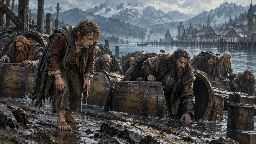 A soaked and exhausted Bilbo stands beside opened barrels near Lake-town as Thorin and his companions emerge stiff and disheveled from their cramped journey down the Forest River.