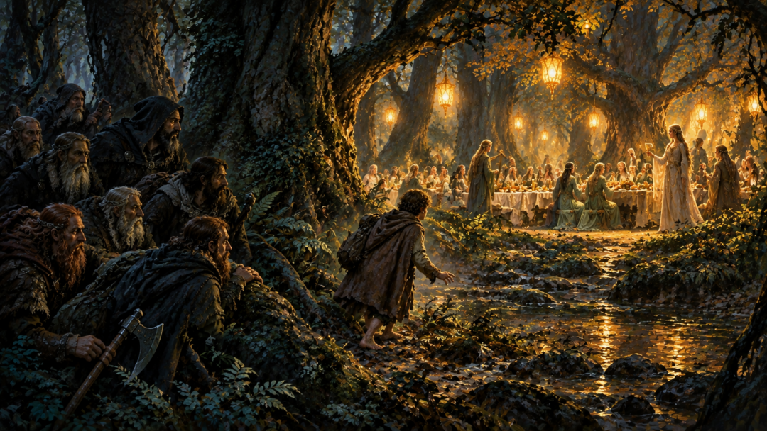 Bilbo cautiously approaches a second Wood-elven feast while Thorin's Dwarves wait anxiously among the shadowed trees.