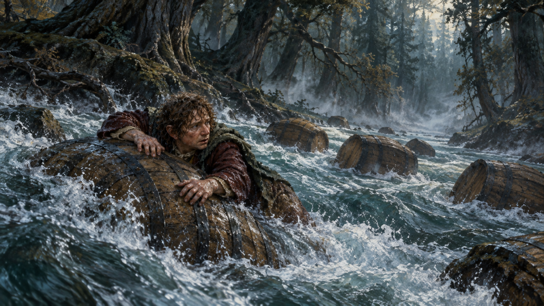 Bilbo Baggins clings to the outside of a wooden barrel on the cold Forest River while sealed barrels carrying the Dwarves float nearby beneath the dark trees of Mirkwood.