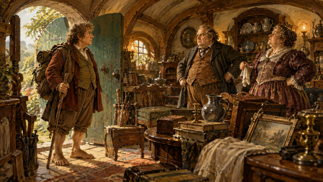 Bilbo Baggins confronting Otho and Lobelia Sackville-Baggins inside Bag End after returning to find his possessions being sold.