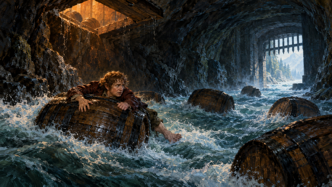 Wooden barrels floating along an underground stream beneath the Elvenking’s halls as Bilbo clings to one near the water-gate.