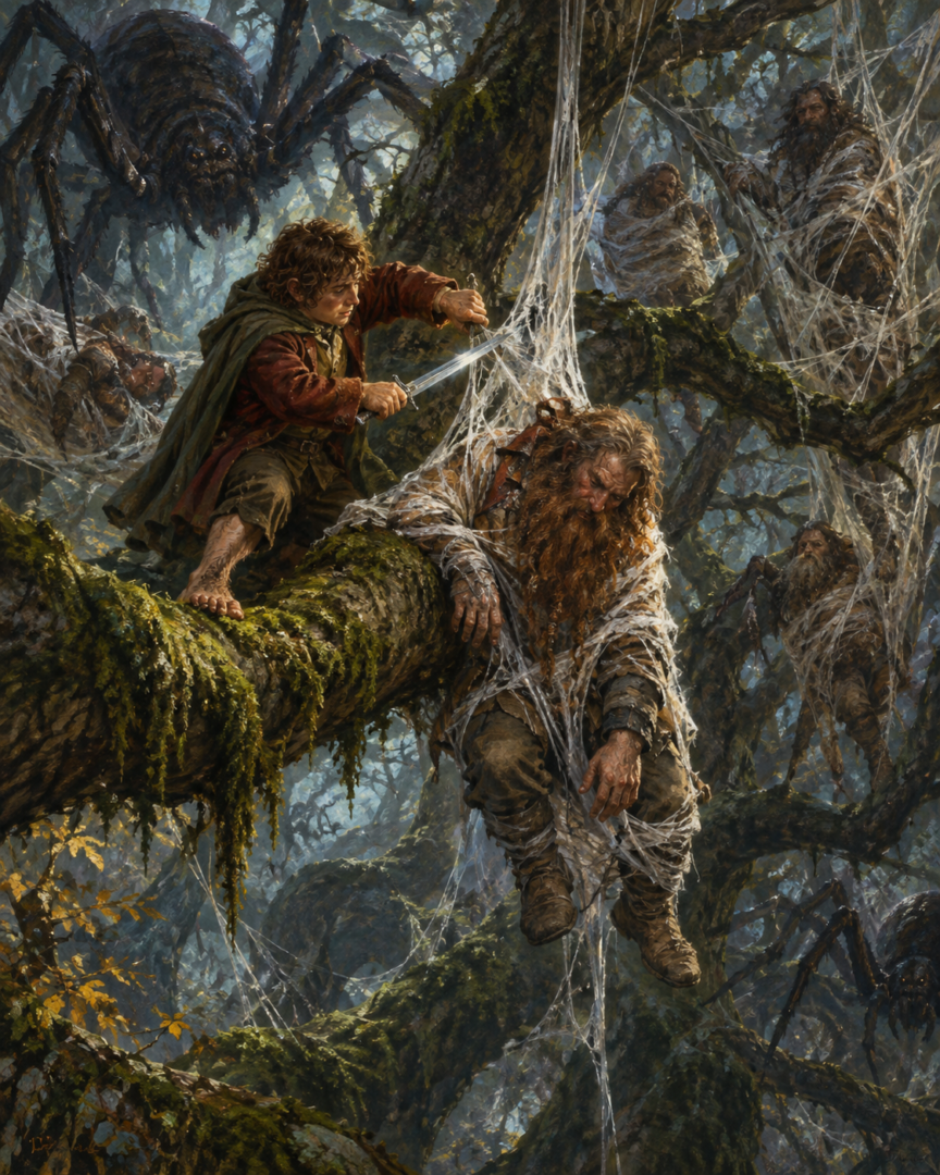 Bilbo cuts a weakened Dwarf free from giant spider webs among the dark branches of Mirkwood.