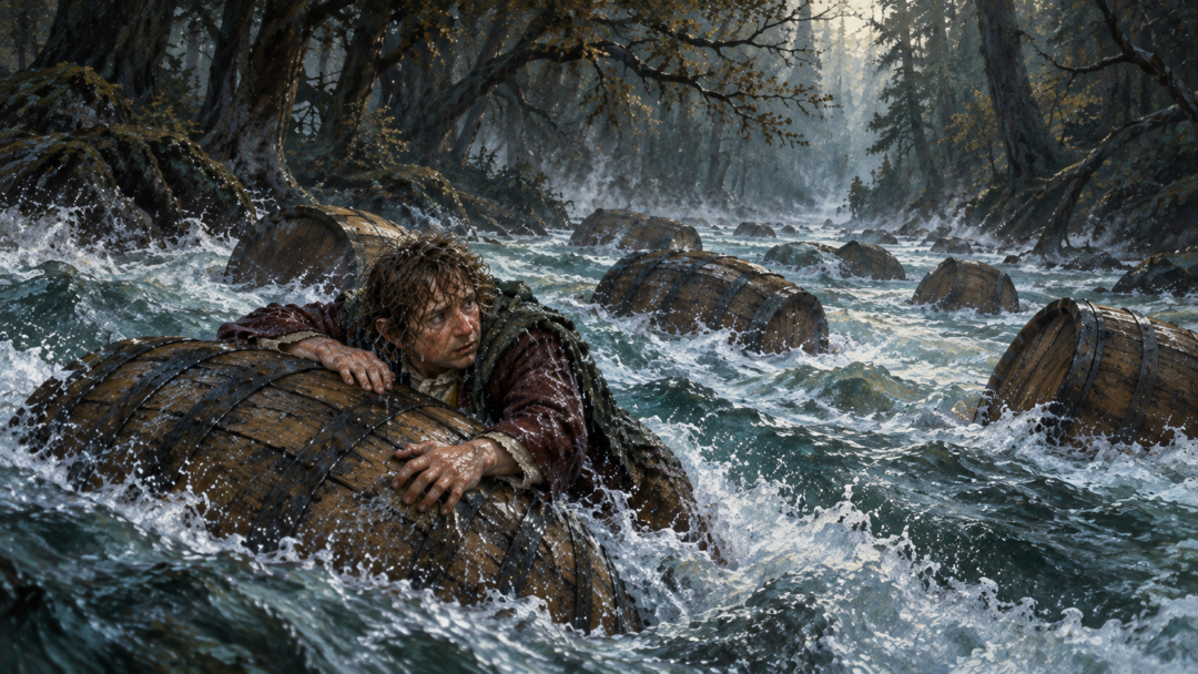 A soaked Bilbo struggles to hold onto a floating wooden barrel while the thirteen Dwarves remain concealed inside sealed barrels during their escape from the Woodland Realm.