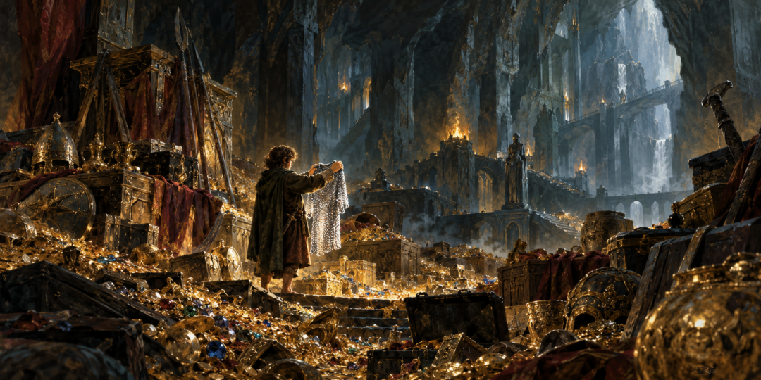 Bilbo holds the small flexible mithril mail-coat among the recovered treasures of Erebor.