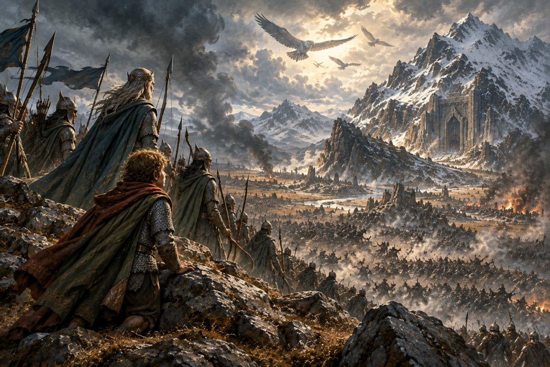 Bilbo Baggins on Ravenhill seeing the Eagles approach during the Battle of Five Armies