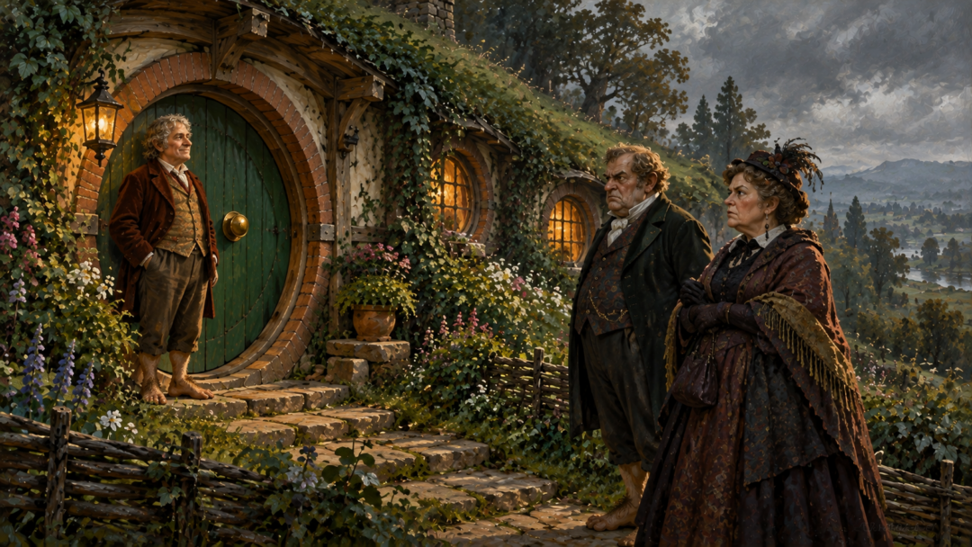 Bilbo Baggins standing outside Bag End while Otho and Lobelia Sackville-Baggins regard the coveted family home.