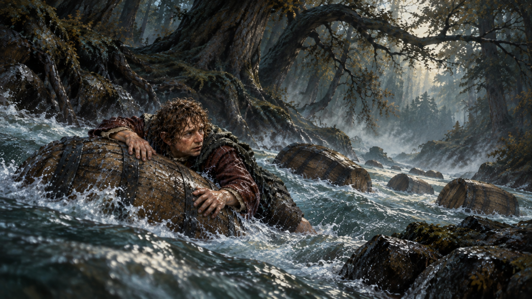 Exhausted and drenched, Bilbo Baggins grips a slippery barrel as the Forest River carries him and the hidden Dwarves downstream through Mirkwood.