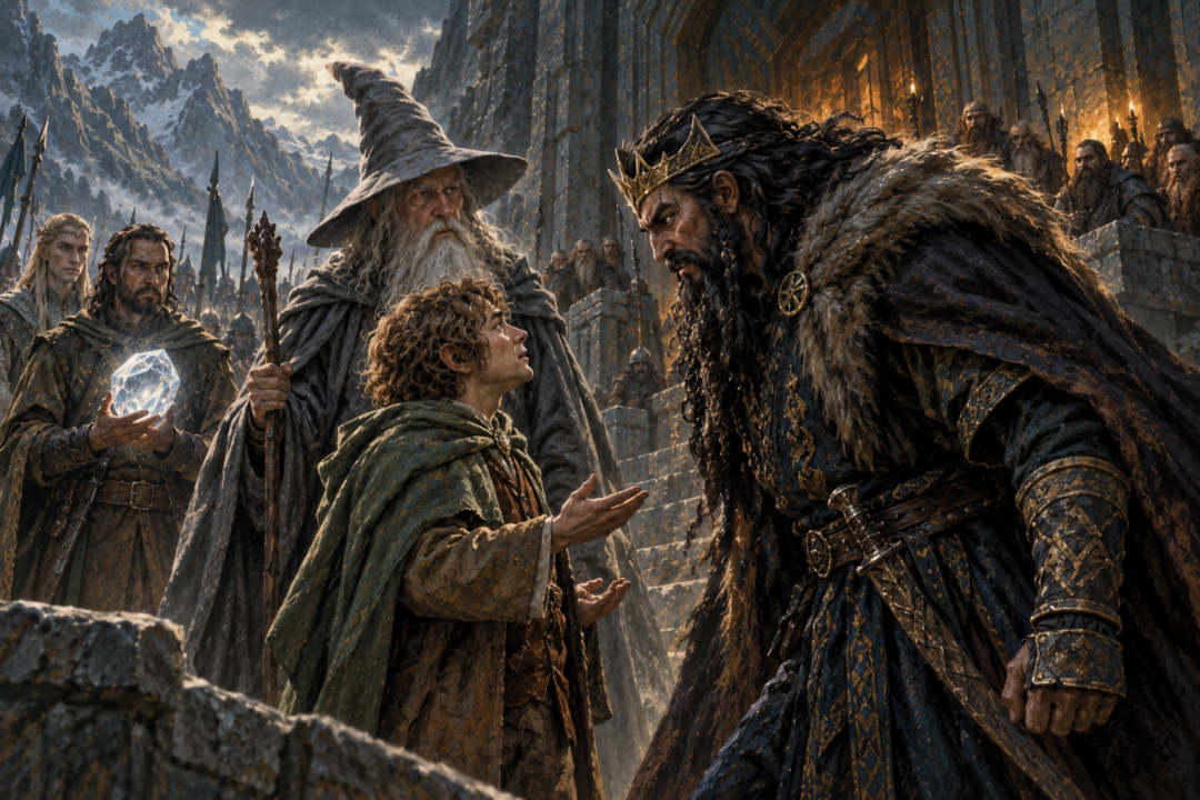Bilbo faces Thorin after admitting he secretly gave the Arkenstone to Bard to help prevent a battle.