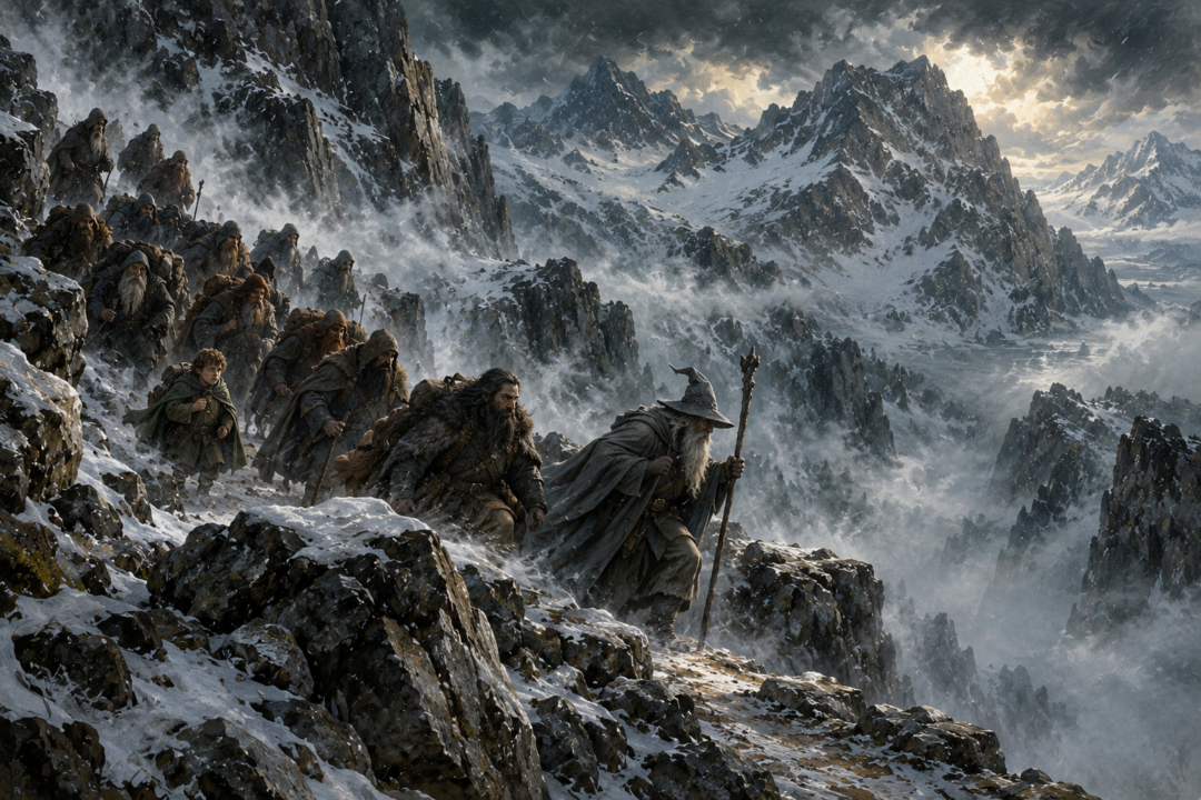 Bilbo, Gandalf, and Thorin's company struggling through stormy mountains on the High Pass
