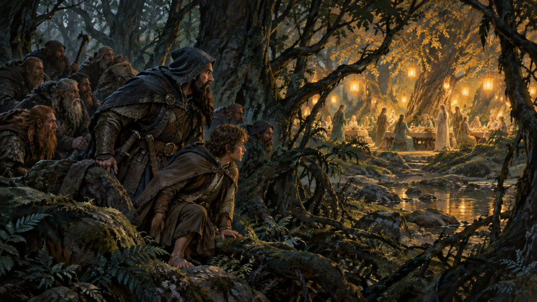 Bilbo and Thorin's exhausted company discover a warmly illuminated Wood-elven feast beneath the ancient trees of Mirkwood.