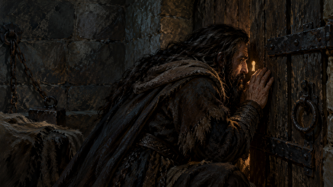 Thorin listening through his cell door as invisible Bilbo secretly contacts him in the Elvenking's palace