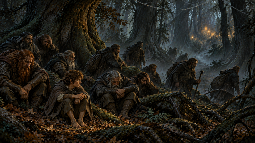 Bilbo and twelve exhausted Dwarves rest lost in Mirkwood after the Elven feasts disappear and Thorin goes missing.